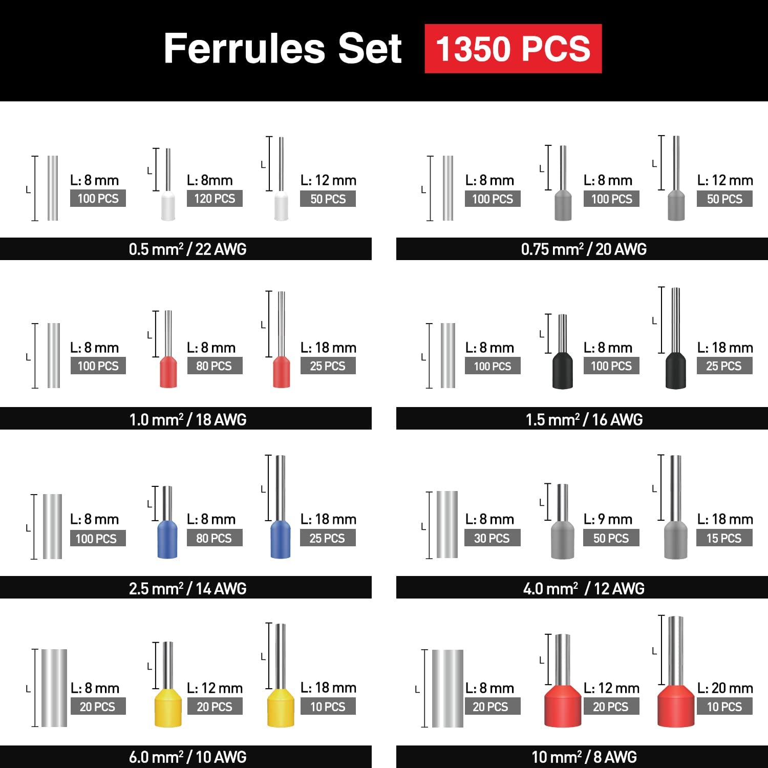 Set cleste sertizare pini conectori cu 1350 terminale conductori 0,5-10 mm², 24 de tipuri, profesional, cu cutie de depozitare si transport
