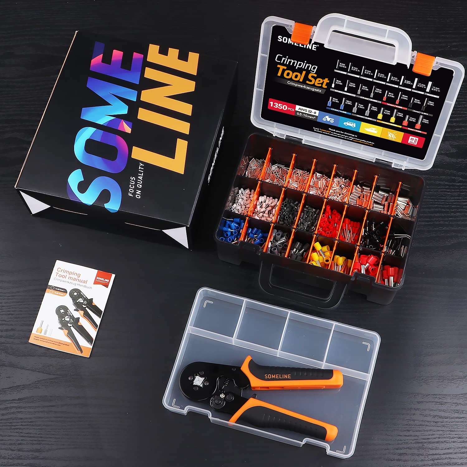 Set cleste sertizare pini conectori cu 1350 terminale conductori 0,5-10 mm², 24 de tipuri, profesional, cu cutie de depozitare si transport
