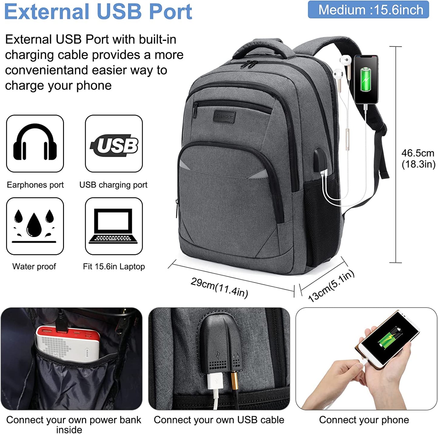 Ghiozdan laptop, rucsac rezistent la apa cu 4 compartimente, 15,6 inch, cu port USB si mufa jack extern, buzunare laterale, bretele captusite, pentru laptop, tableta, dosar
