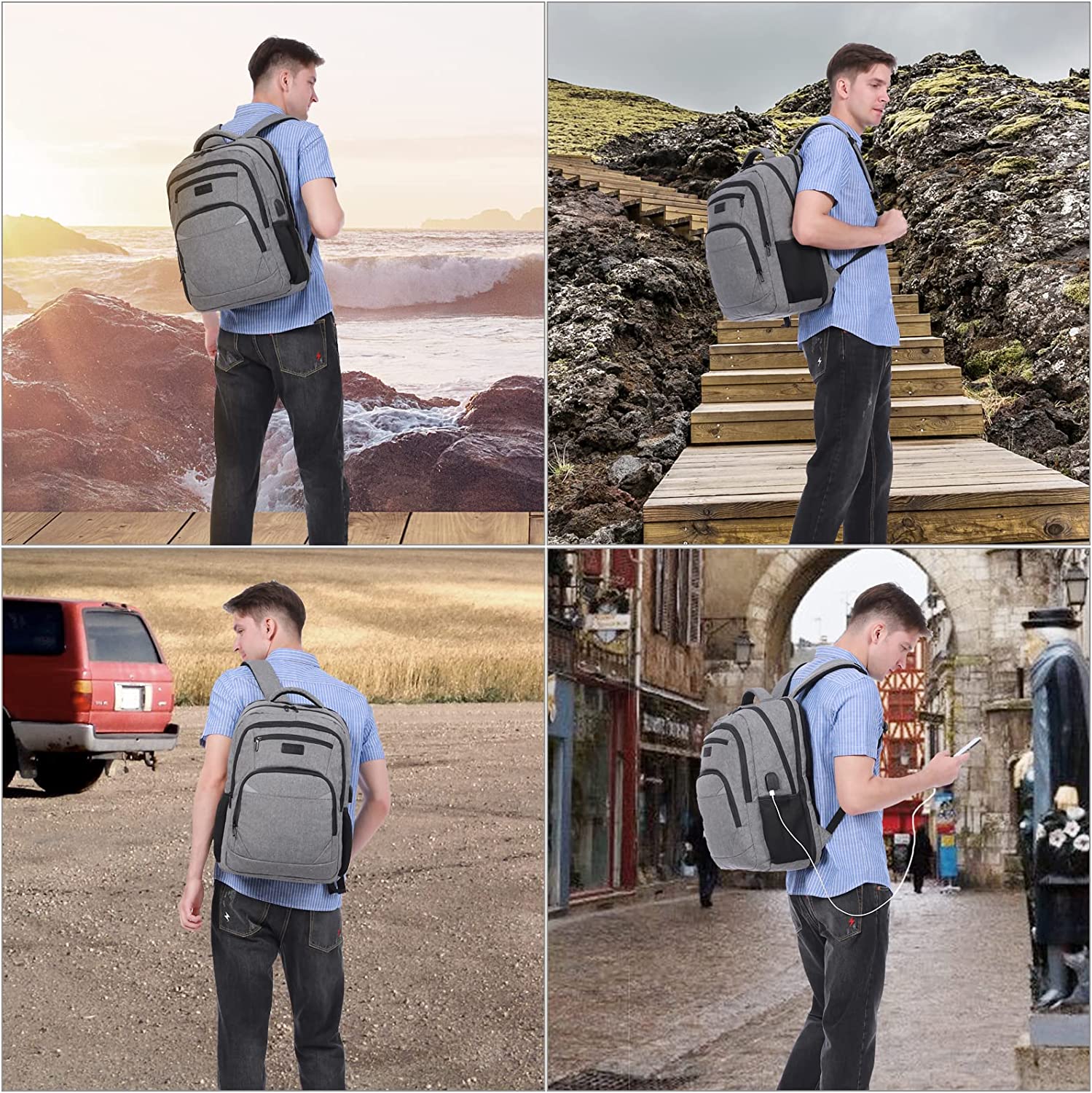 Ghiozdan laptop, rucsac rezistent la apa cu 4 compartimente, 15,6 inch, cu port USB si mufa jack extern, buzunare laterale, bretele captusite, pentru laptop, tableta, dosar