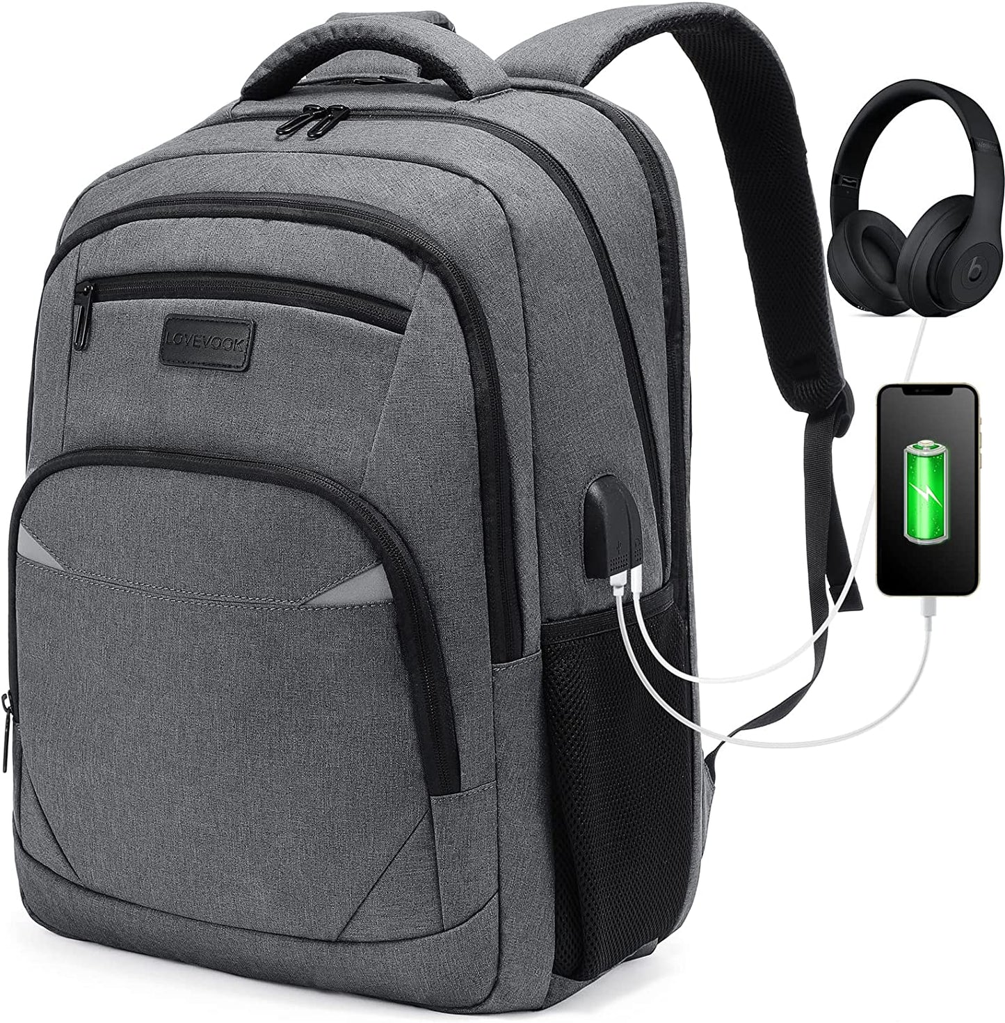 Ghiozdan laptop, rucsac rezistent la apa cu 4 compartimente, 15,6 inch, cu port USB si mufa jack extern, buzunare laterale, bretele captusite, pentru laptop, tableta, dosar