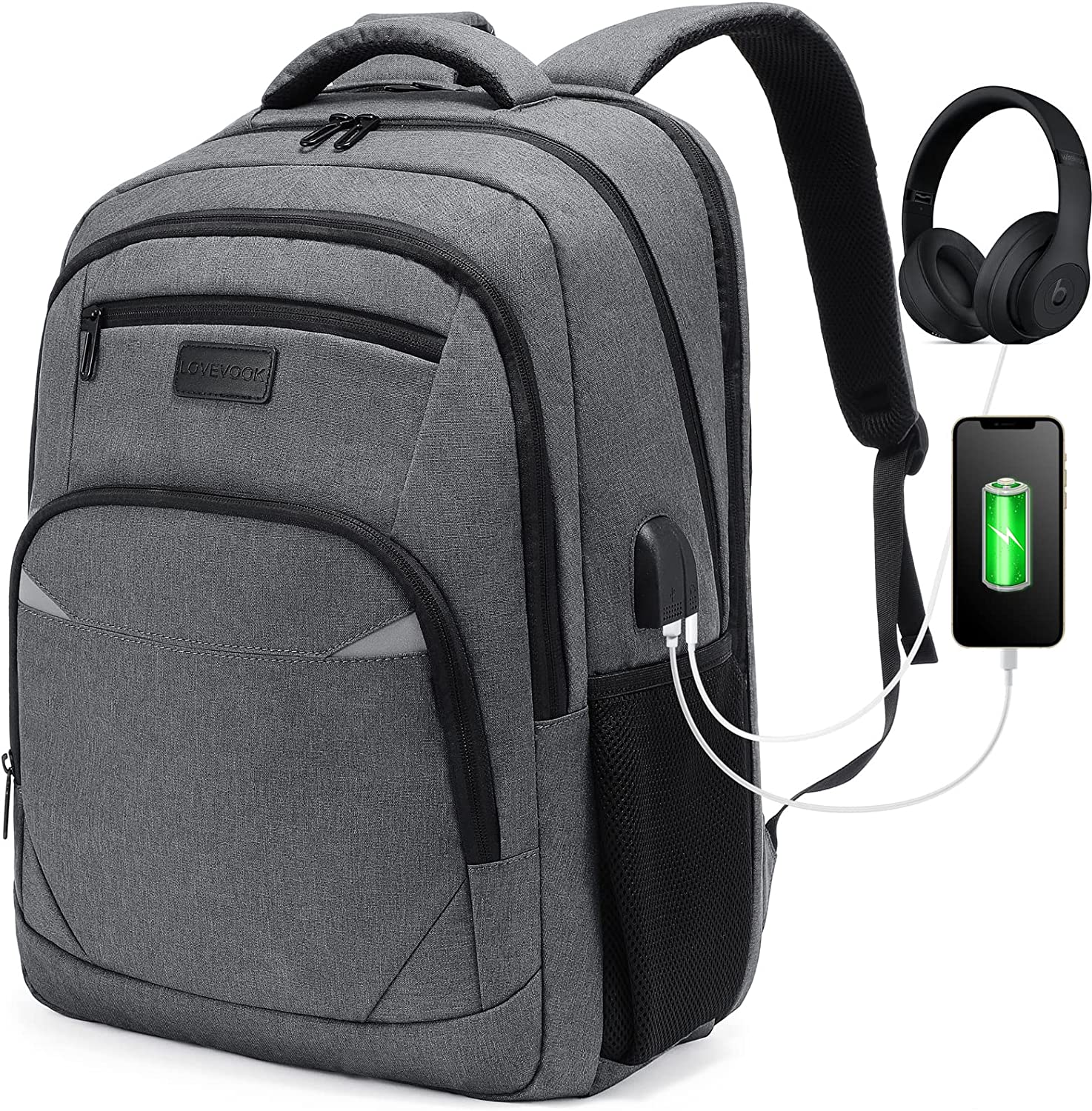 Ghiozdan laptop, rucsac rezistent la apa cu 4 compartimente, 15,6 inch, cu port USB si mufa jack extern, buzunare laterale, bretele captusite, pentru laptop, tableta, dosar
