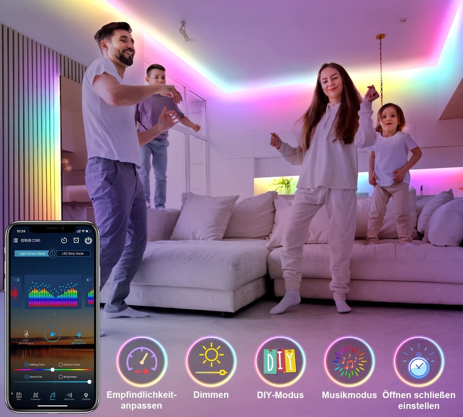 Banda LED RGBIC 10 metri, Bluetooth, control prin aplicatie smartphone si telecomanda, sincronizare muzica, mod personalizare, functie temporizare