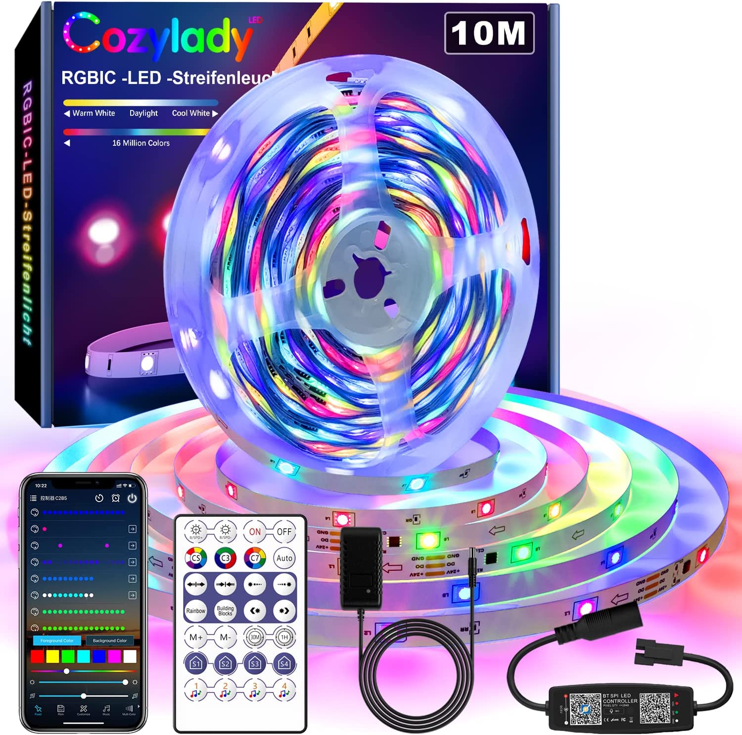 Banda LED RGBIC 10 metri, Bluetooth, control prin aplicatie smartphone si telecomanda, sincronizare muzica, mod personalizare, functie temporizare