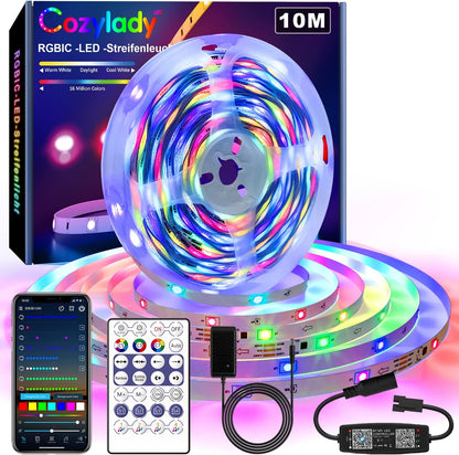 Banda LED RGBIC 10 metri, Bluetooth, control prin aplicatie smartphone si telecomanda, sincronizare muzica, mod personalizare, functie temporizare