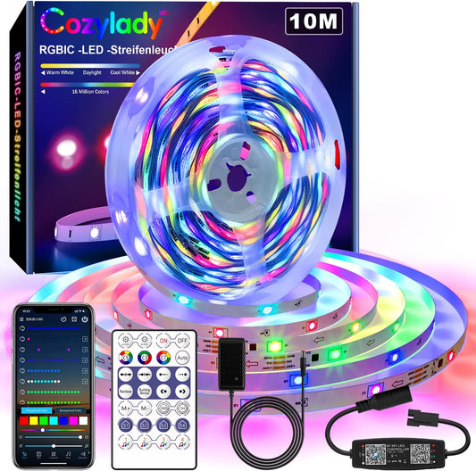 Banda LED RGBIC 10 metri, Bluetooth, control prin aplicatie smartphone si telecomanda, sincronizare muzica, mod personalizare, functie temporizare