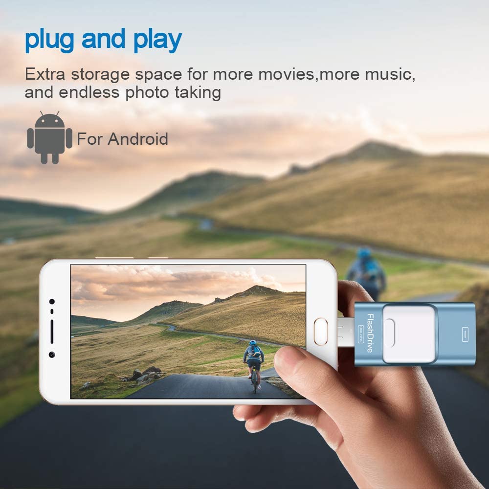 Memorie USB 256 GB 4 in 1, Flash Drive pentru Android si IOS, cu USB C, Micro USB, Apple Lightning, functie OTG, pentru Iphone, Ipad, smartphone, tableta, PC, laptop, albastru