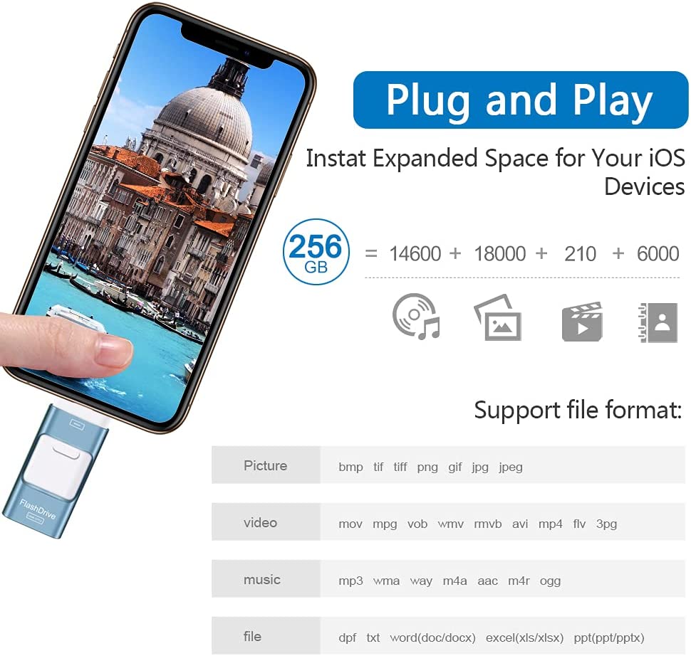 Memorie USB 256 GB 4 in 1, Flash Drive pentru Android si IOS, cu USB C, Micro USB, Apple Lightning, functie OTG, pentru Iphone, Ipad, smartphone, tableta, PC, laptop, albastru