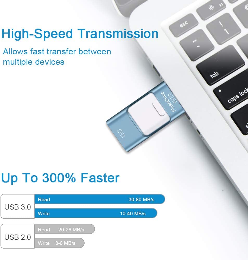 Memorie USB 256 GB 4 in 1, Flash Drive pentru Android si IOS, cu USB C, Micro USB, Apple Lightning, functie OTG, pentru Iphone, Ipad, smartphone, tableta, PC, laptop, albastru