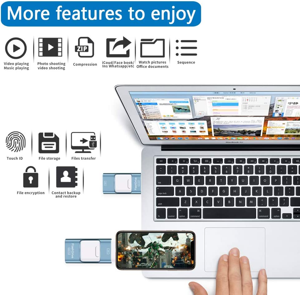 Memorie USB 256 GB 4 in 1, Flash Drive pentru Android si IOS, cu USB C, Micro USB, Apple Lightning, functie OTG, pentru Iphone, Ipad, smartphone, tableta, PC, laptop, albastru