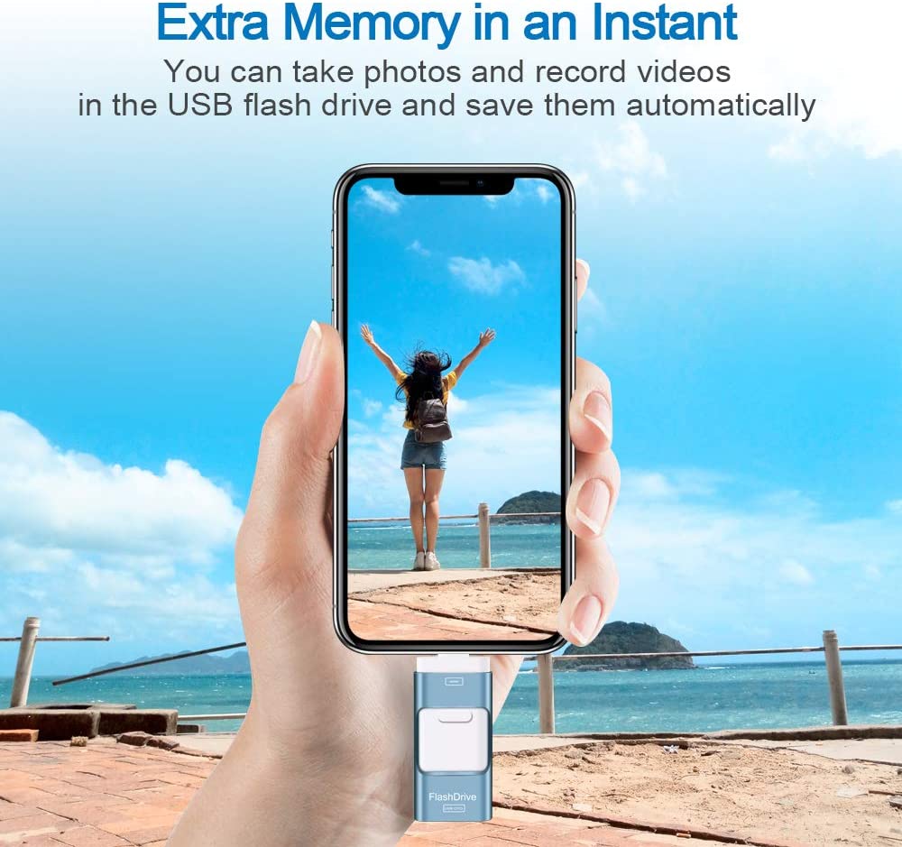 Memorie USB 256 GB 4 in 1, Flash Drive pentru Android si IOS, cu USB C, Micro USB, Apple Lightning, functie OTG, pentru Iphone, Ipad, smartphone, tableta, PC, laptop, albastru