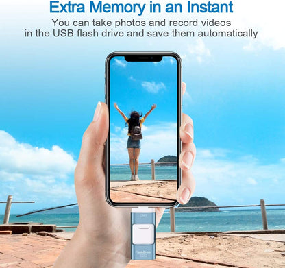 Memorie USB 256 GB 4 in 1, Flash Drive pentru Android si IOS, cu USB C, Micro USB, Apple Lightning, functie OTG, pentru Iphone, Ipad, smartphone, tableta, PC, laptop, albastru