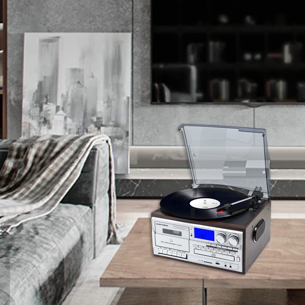 Pick-up stereo cu Bluetooth, Radio FM, Casetofon, USB, card SD, CD, Vinyl 33/45/78 RPM, 7"/10"/12", iesire RCA, difuzor incorporat, intrare AUX