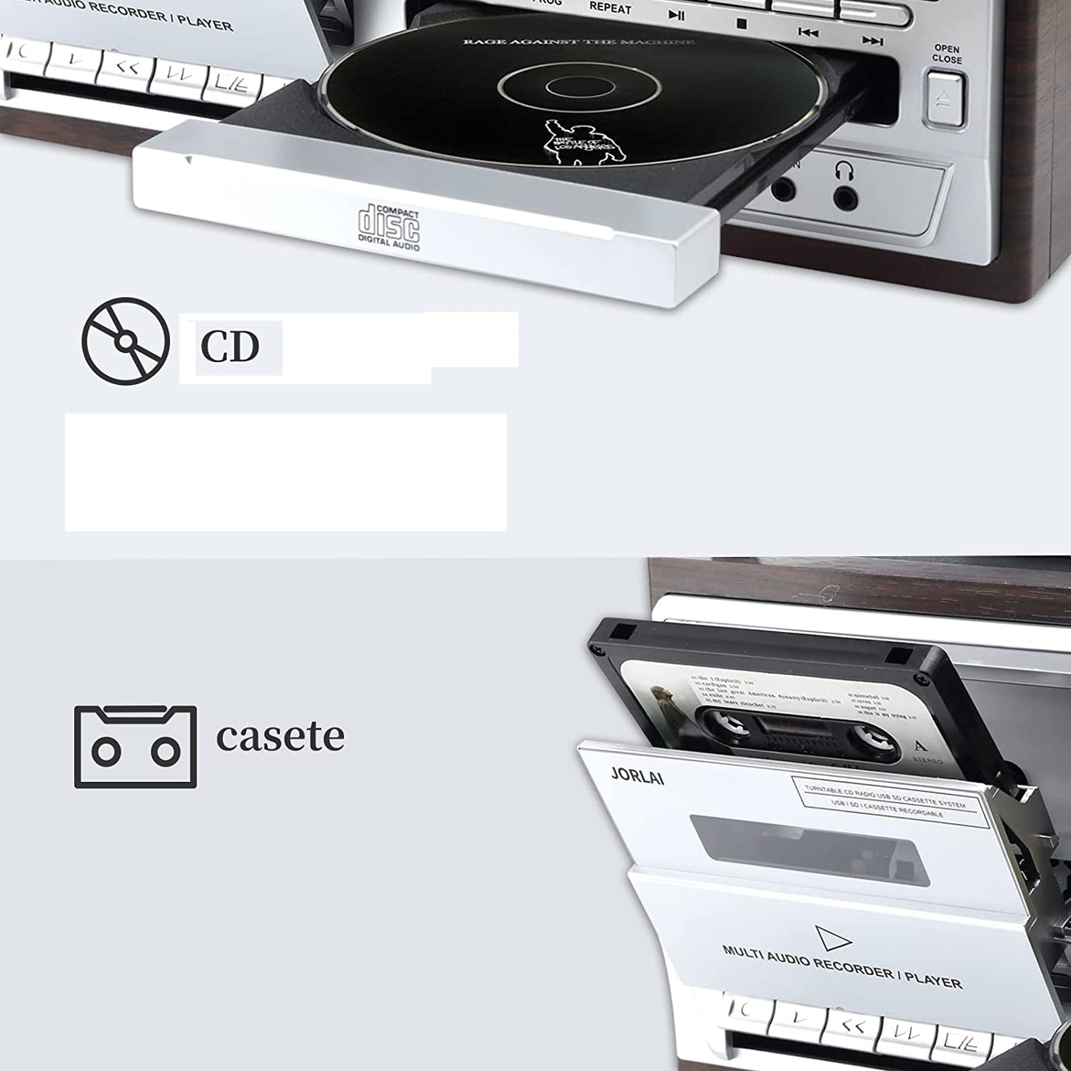 Pick-up stereo cu Bluetooth, Radio FM, Casetofon, USB, card SD, CD, Vinyl 33/45/78 RPM, 7"/10"/12", iesire RCA, difuzor incorporat, intrare AUX