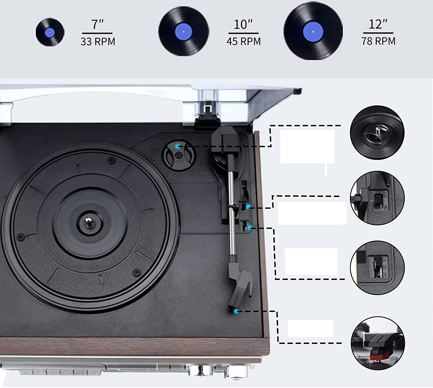 Pick-up stereo cu Bluetooth, Radio FM, Casetofon, USB, card SD, CD, Vinyl 33/45/78 RPM, 7"/10"/12", iesire RCA, difuzor incorporat, intrare AUX