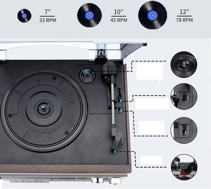 Pick-up stereo cu Bluetooth, Radio FM, Casetofon, USB, card SD, CD, Vinyl 33/45/78 RPM, 7"/10"/12", iesire RCA, difuzor incorporat, intrare AUX