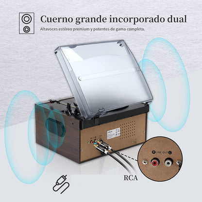 Pick-up stereo cu Bluetooth, Radio FM, Casetofon, USB, card SD, CD, Vinyl 33/45/78 RPM, 7"/10"/12", iesire RCA, difuzor incorporat, intrare AUX