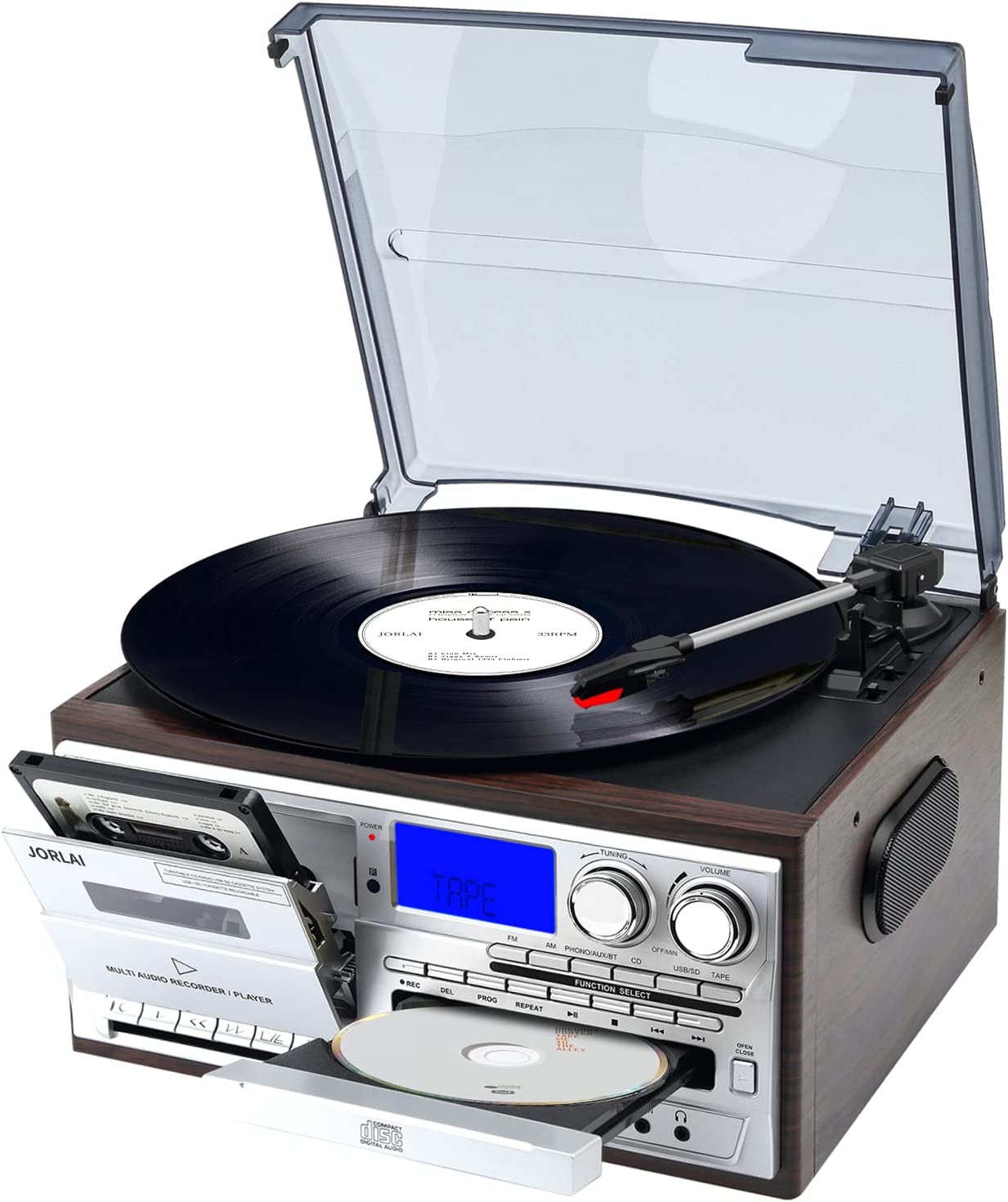 Pick-up stereo cu Bluetooth, Radio FM, Casetofon, USB, card SD, CD, Vinyl 33/45/78 RPM, 7"/10"/12", iesire RCA, difuzor incorporat, intrare AUX