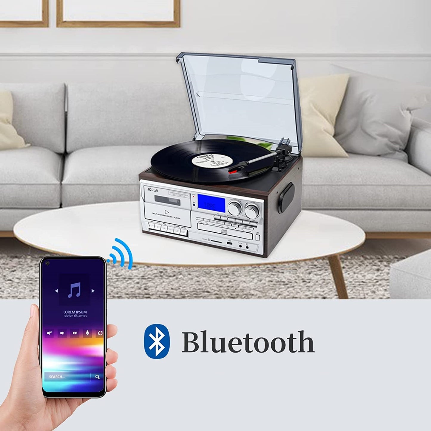 Pick-up stereo cu Bluetooth, Radio FM, Casetofon, USB, card SD, CD, Vinyl 33/45/78 RPM, 7"/10"/12", iesire RCA, difuzor incorporat, intrare AUX