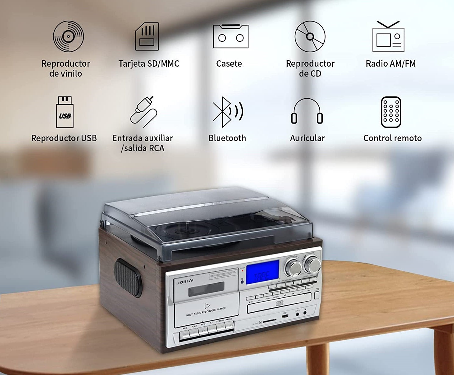 Pick-up stereo cu Bluetooth, Radio FM, Casetofon, USB, card SD, CD, Vinyl 33/45/78 RPM, 7"/10"/12", iesire RCA, difuzor incorporat, intrare AUX