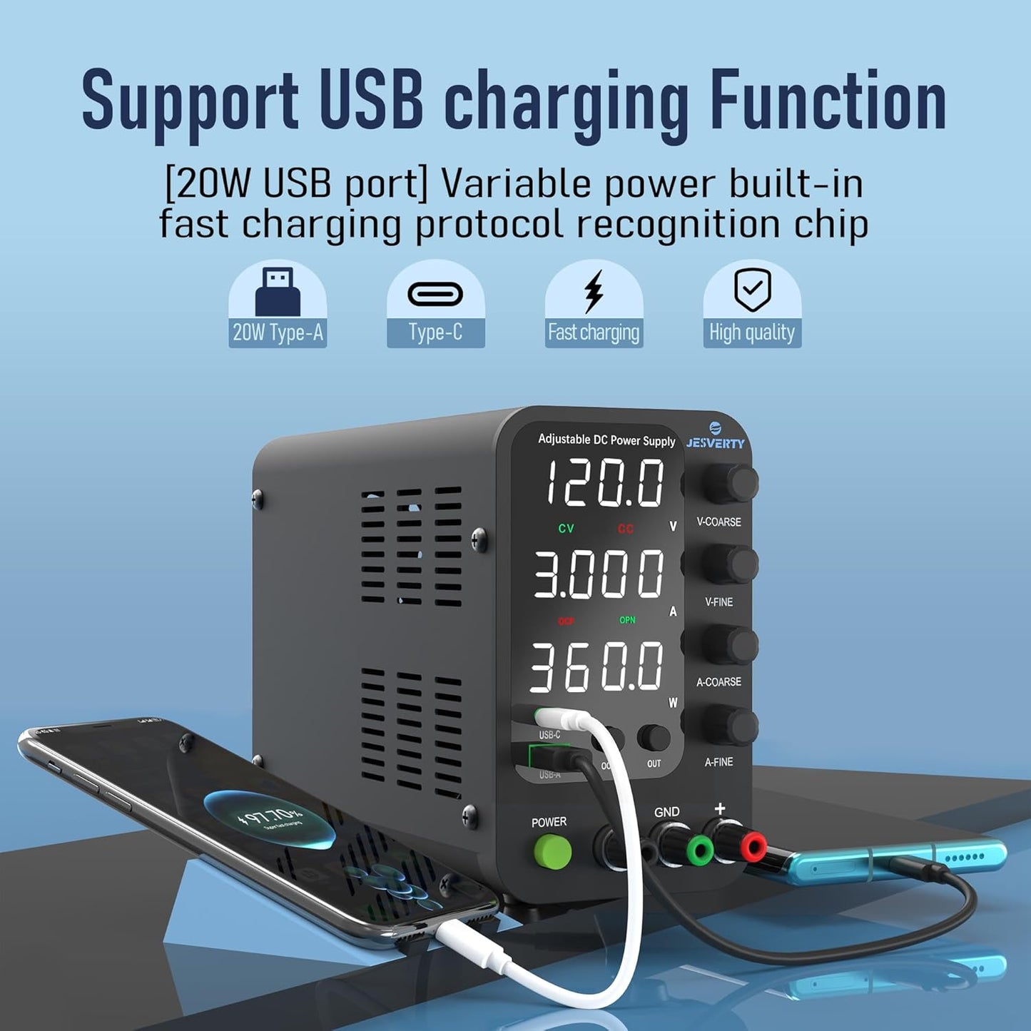 Sursa de alimentare de laborator 120 V, 3 A, cu reglaj fin si grosier, USB-C si USB-A 20 W, protectie supracurent OCP, ventilator de racire, intrare AC115V/230V, Jesverty