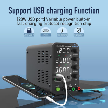Sursa de alimentare de laborator 120 V, 3 A, cu reglaj fin si grosier, USB-C si USB-A 20 W, protectie supracurent OCP, ventilator de racire, intrare AC115V/230V, Jesverty