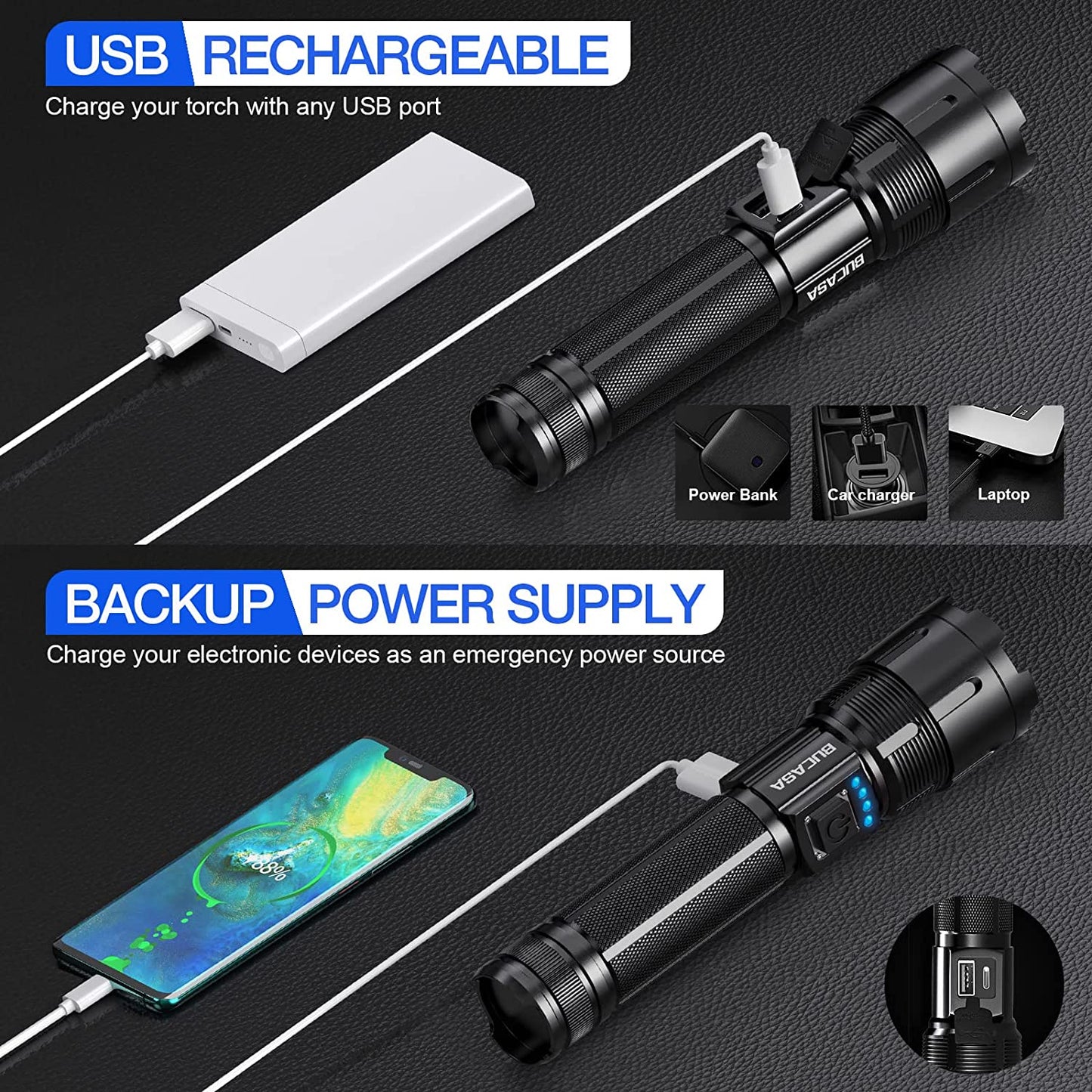 Lanterna tactica profesionala LED cu 10000 lumeni, baterie 4800 mAh, functie powerbank, reincarcabila USB, 5 moduri iluminare, impermeabil IP65, din aliaj de aluminiu
