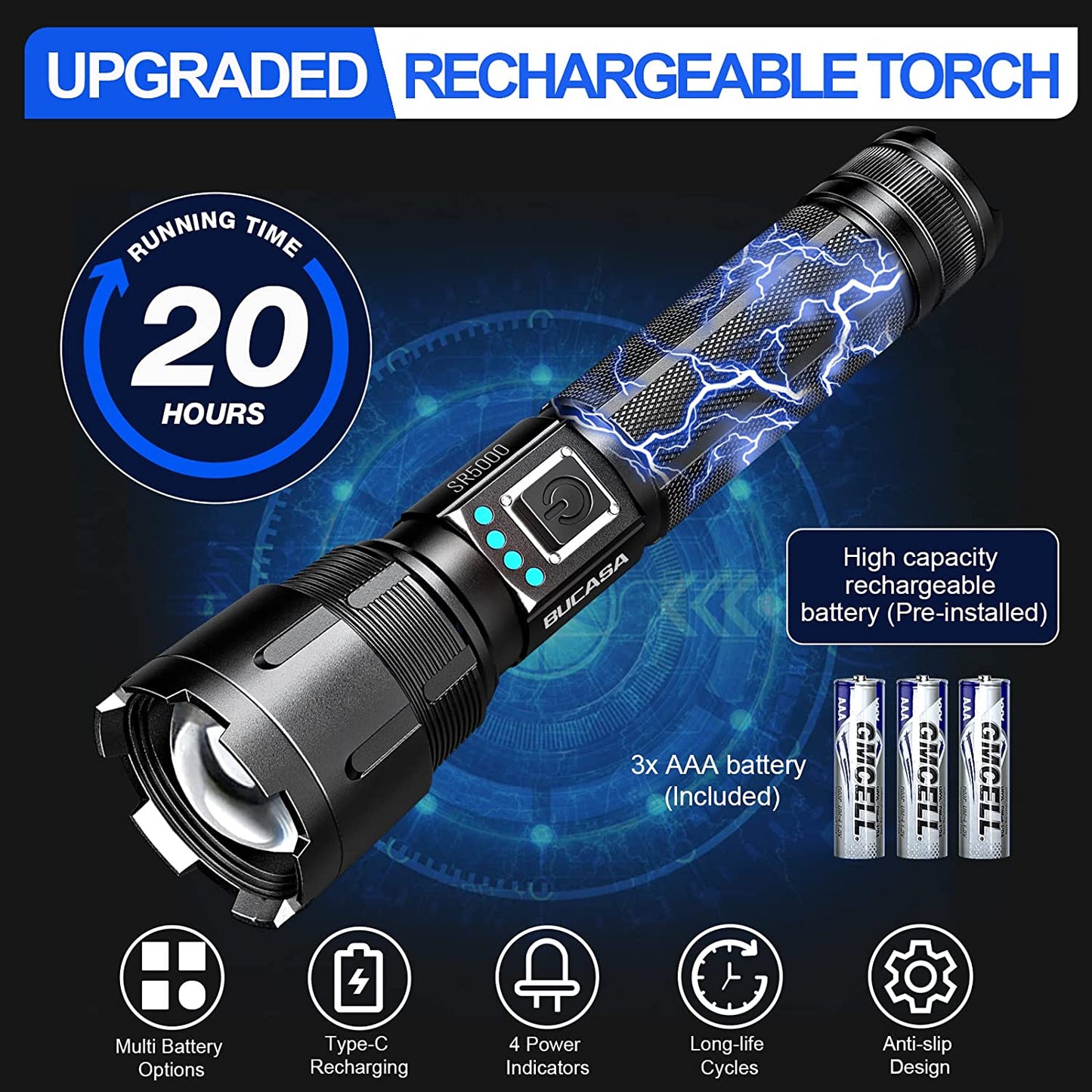 Lanterna tactica profesionala LED cu 10000 lumeni, baterie 4800 mAh, functie powerbank, reincarcabila USB, 5 moduri iluminare, impermeabil IP65, din aliaj de aluminiu
