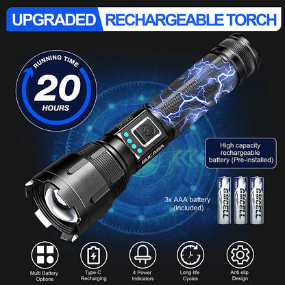 Lanterna tactica profesionala LED cu 10000 lumeni, baterie 4800 mAh, functie powerbank, reincarcabila USB, 5 moduri iluminare, impermeabil IP65, din aliaj de aluminiu