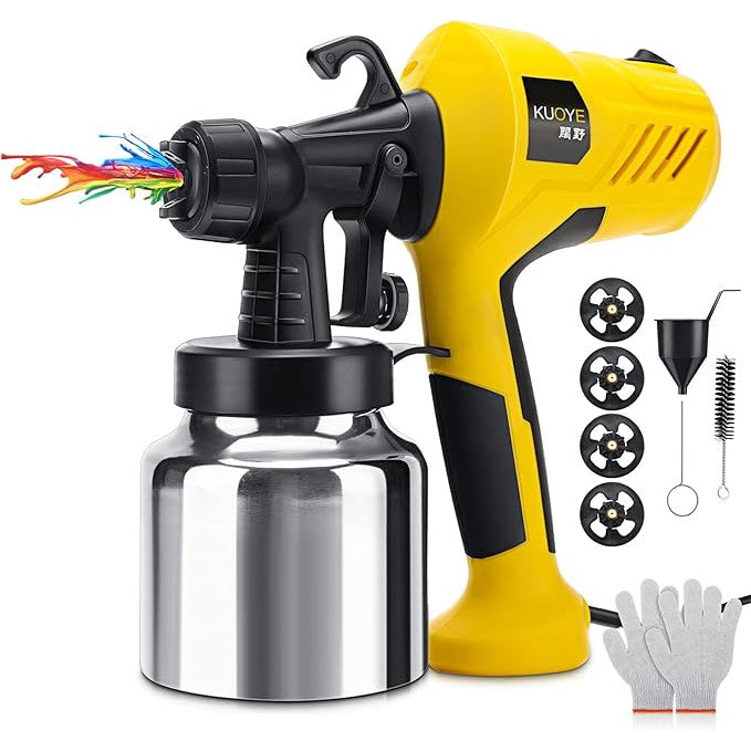Pistol de vopsit electric 400 W, cu 4 duze de cupru 0,8/ 1,0/ 1,5/ 2,5 mm, recipient 800 ml din aluminiu, detasabil, perie si ac de curatare, pulverizator de vopsea cu supapa reglabila, model pulverizare rotund, orizontal sau vertical