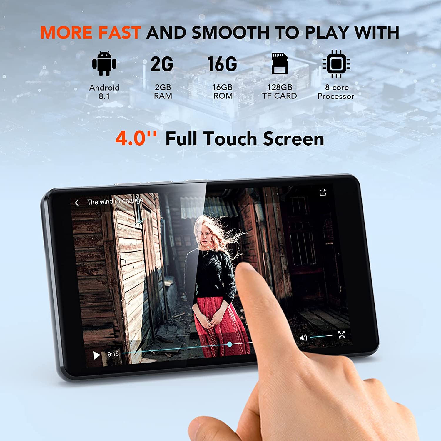 MP4 player WiFi 16 Gb cu camera de 5 megapixeli si touchscreen 4 inch, Bluetooth, cu Android, accepta aplicatii, Spotify, browser, suporta card pana la 128 GB