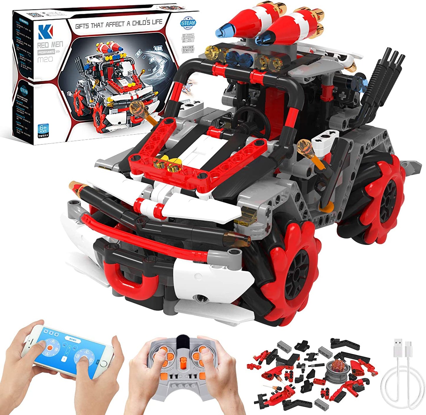 Masina RC, de construit, masinuta cu telecomanda, control prin aplicatie cu control vocal, 546 piese, rotatie  360°, setare traiectorie, programare smart, jucarie STEM, 2.4 GHz