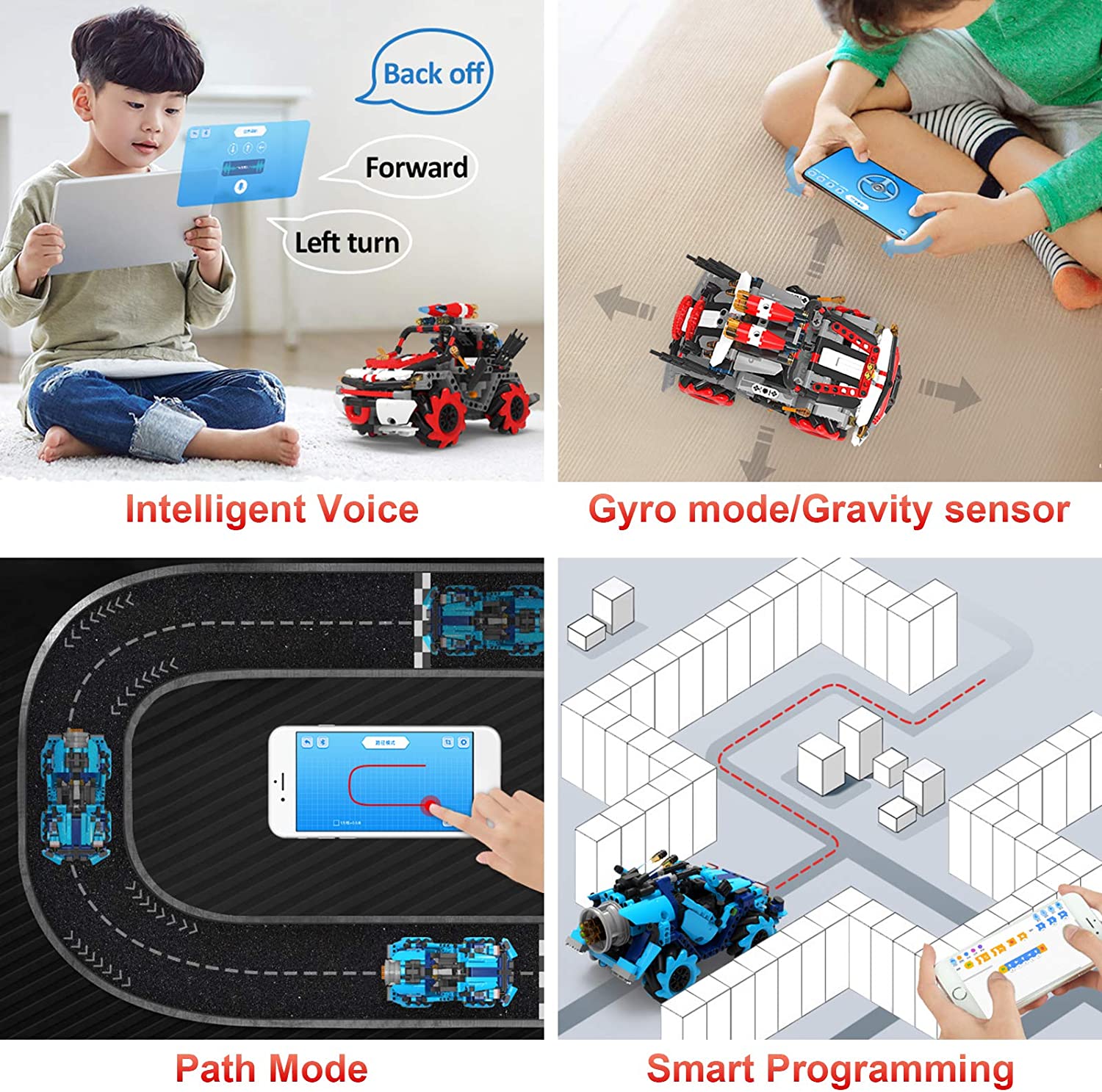 Masina RC, de construit, masinuta cu telecomanda, control prin aplicatie cu control vocal, 546 piese, rotatie  360°, setare traiectorie, programare smart, jucarie STEM, 2.4 GHz
