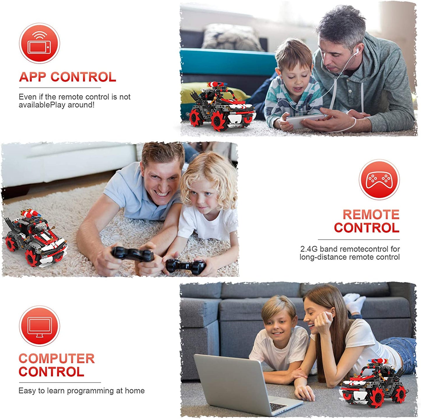 Masina RC, de construit, masinuta cu telecomanda, control prin aplicatie cu control vocal, 546 piese, rotatie  360°, setare traiectorie, programare smart, jucarie STEM, 2.4 GHz