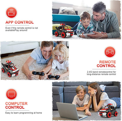 Masina RC, de construit, masinuta cu telecomanda, control prin aplicatie cu control vocal, 546 piese, rotatie  360°, setare traiectorie, programare smart, jucarie STEM, 2.4 GHz