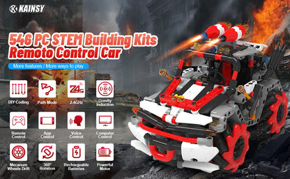 Masina RC, de construit, masinuta cu telecomanda, control prin aplicatie cu control vocal, 546 piese, rotatie  360°, setare traiectorie, programare smart, jucarie STEM, 2.4 GHz