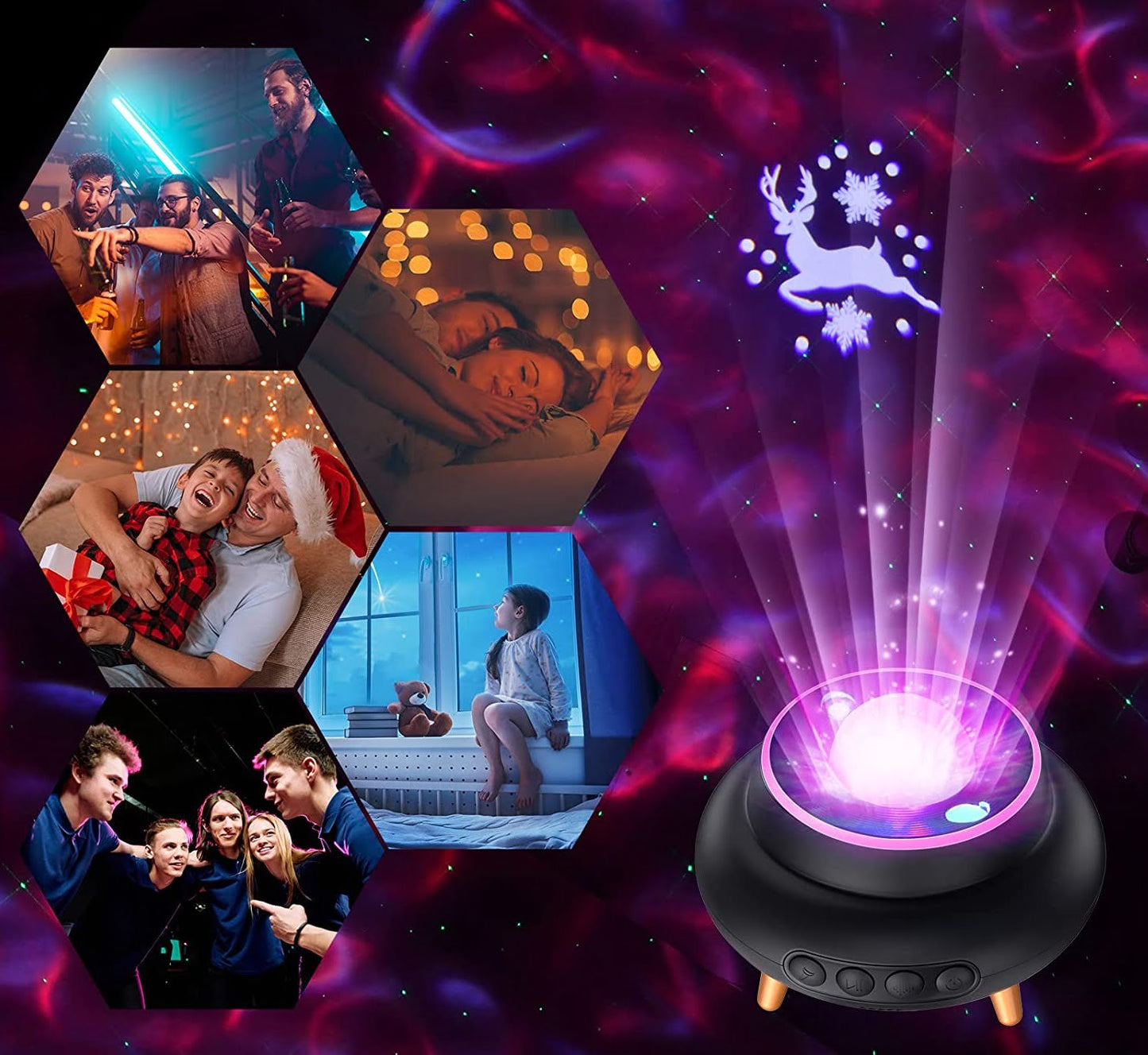 Proiector de stele LED cu difuzor Bluetooth, cu telecomanda, proiectie cerb de zapada, luminozitate reglabila, functie temporizare, 10 culori de proiectie