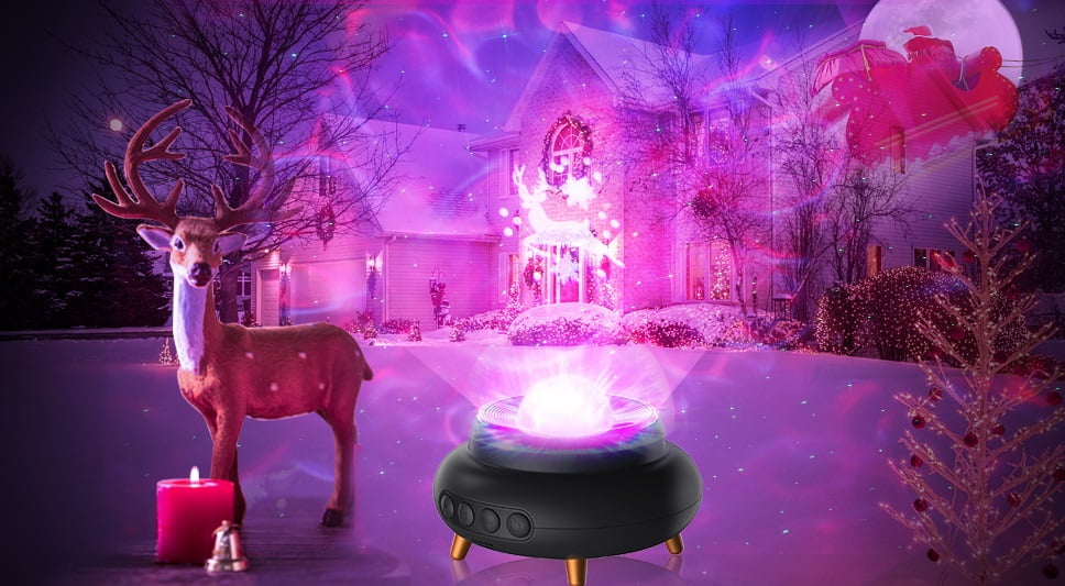 Proiector de stele LED cu difuzor Bluetooth, cu telecomanda, proiectie cerb de zapada, luminozitate reglabila, functie temporizare, 10 culori de proiectie