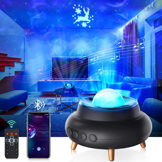 Proiector de stele LED cu difuzor Bluetooth, cu telecomanda, proiectie cerb de zapada, luminozitate reglabila, functie temporizare, 10 culori de proiectie