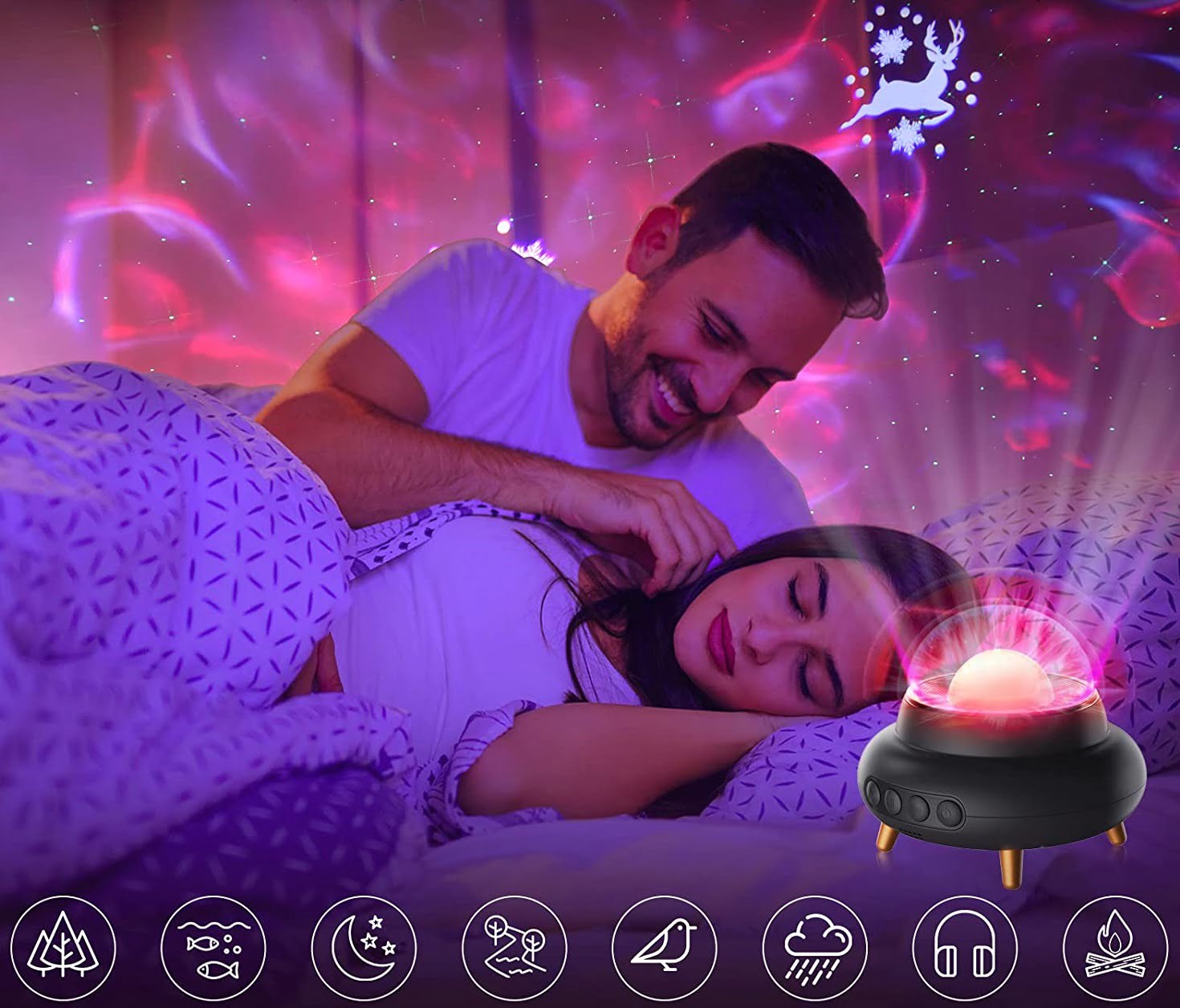 Proiector de stele LED cu difuzor Bluetooth, cu telecomanda, proiectie cerb de zapada, luminozitate reglabila, functie temporizare, 10 culori de proiectie
