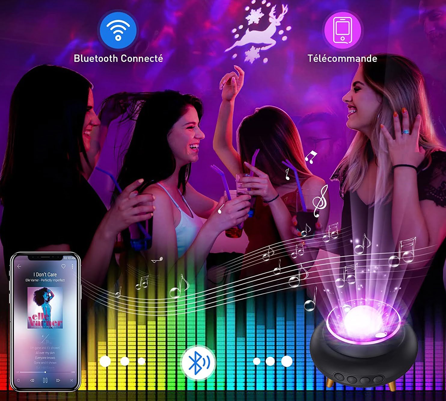 Proiector de stele LED cu difuzor Bluetooth, cu telecomanda, proiectie cerb de zapada, luminozitate reglabila, functie temporizare, 10 culori de proiectie