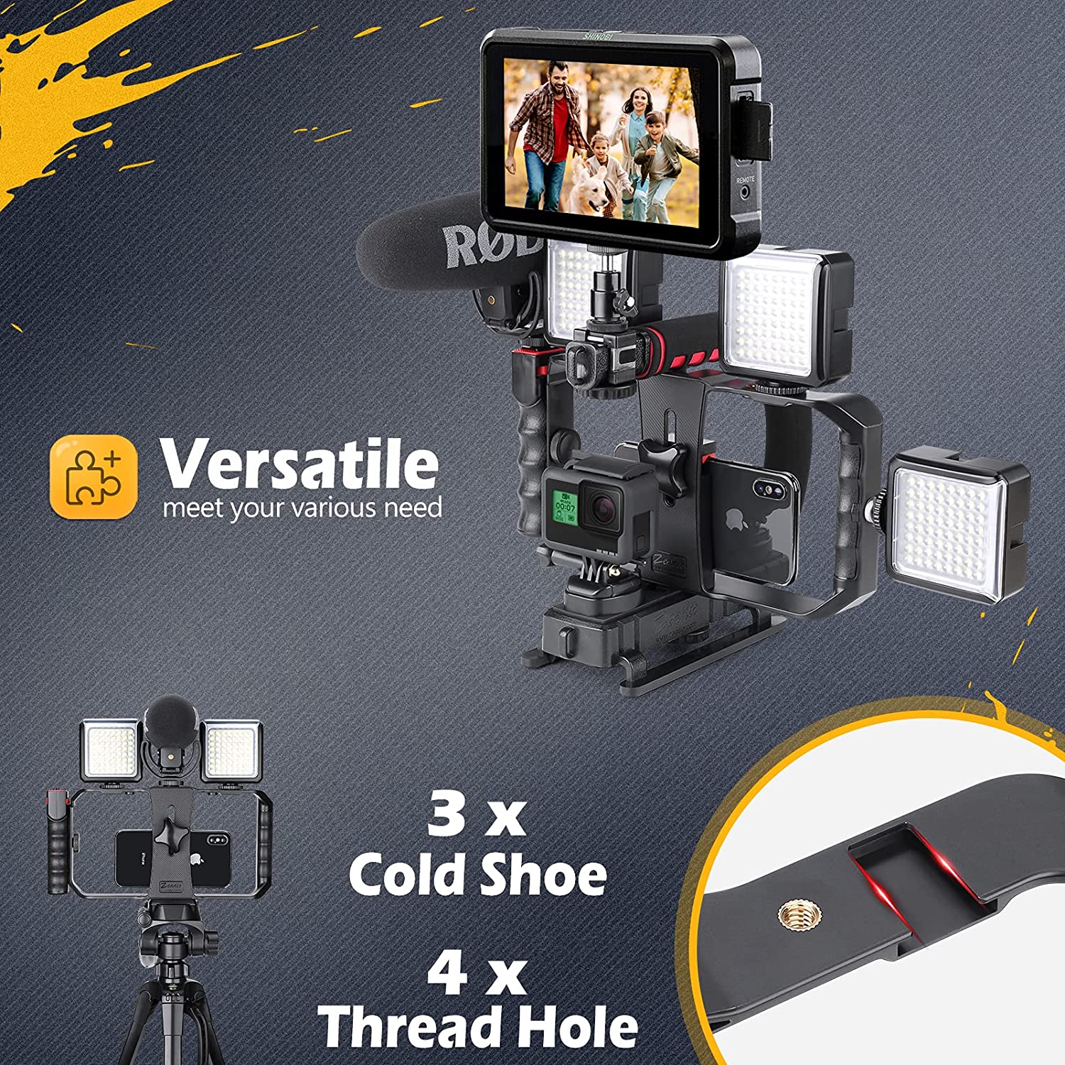 Stabilizator imagine cu cadru video rig pentru smartphone, in forma de U, multifunctional, pentru camera de actiune, DSLR, smartphone, camera video, camera foto Canon, Nikon, Sony, Panasonic, Pentax, Olympus