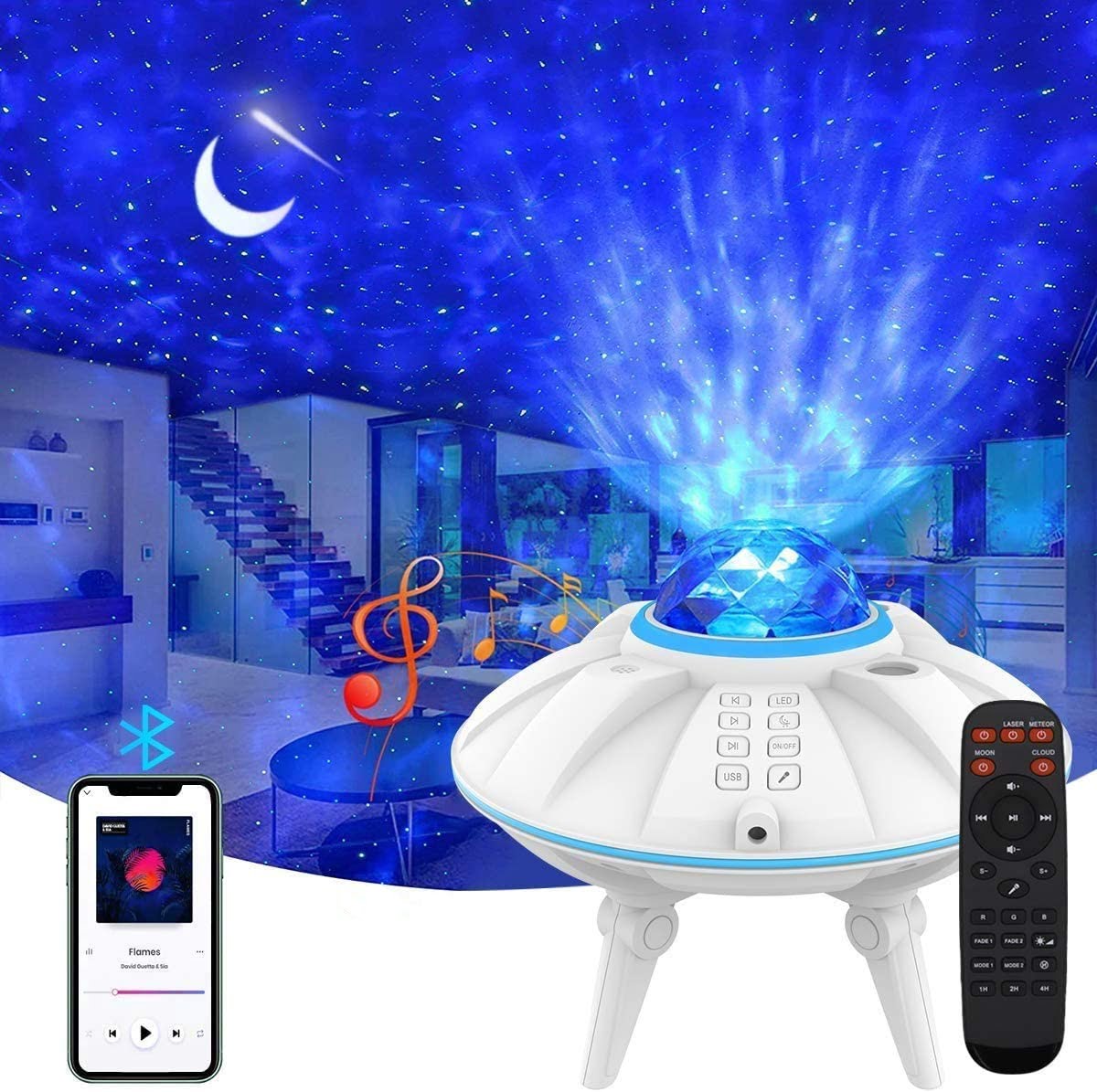 Proiector de stele LED cu difuzor Bluetooth incorporat, 20 moduri de proiectie, luminozitate reglabila, functie temporizare, port USB, lumina de noapte Galaxy Starry Sky (copiază)