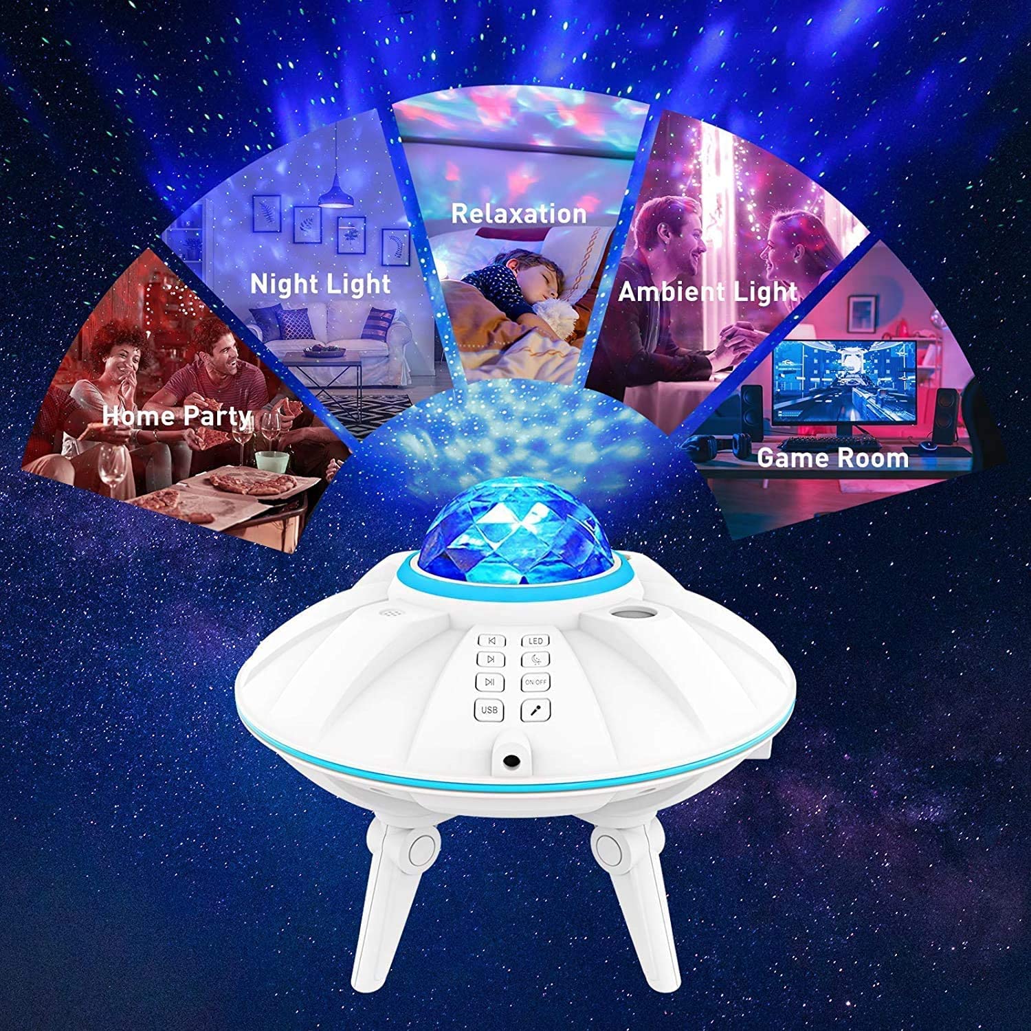 Proiector de stele LED cu difuzor Bluetooth incorporat, 20 moduri de proiectie, luminozitate reglabila, functie temporizare, port USB, lumina de noapte Galaxy Starry Sky