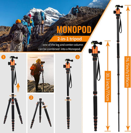 Trepied 2 in 1 monopied cu cap bila 360°, 59-195 cm (205 cm monopied), incarcare maxima 10 kg, cu 2 placute eliberare rapida, din aluminiu, cu geanta de transport