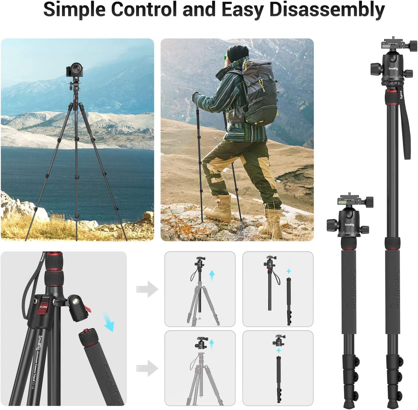 Trepied 2 in 1 monopied 59-180 cm, cu cap bila 360°, 3 suruburi mama 1/4", placa cu eliberare rapida si suport telefon, sarcina utila 15 kg, Smallrig