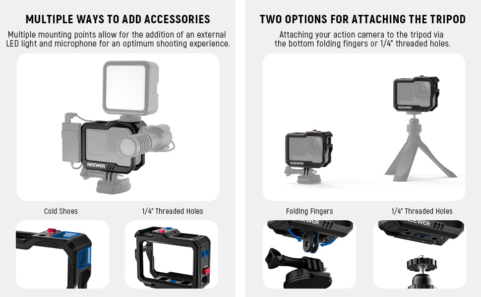 Kit video rig pentru GoPro Hero11 /Hero10 /Hero9, cage din aluminiu cu filet 1/4 inch si montura cold shoe mount, Neewer ST46