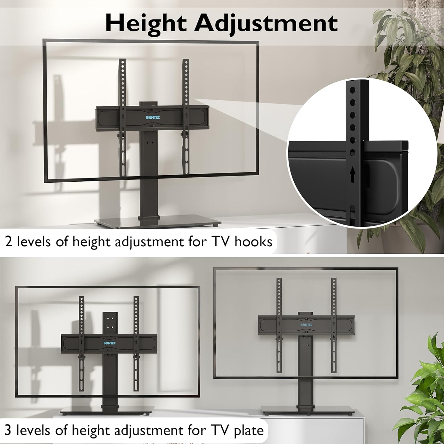 Suport TV cu stand de masa/birou, pentru televizor plat si curbat 26-55 inch, suporta greutate pana la 45 kg, VESA 400 x 400 mm, pivotare 50°, inaltime ajustabila, prinderi din otel, multifunctional