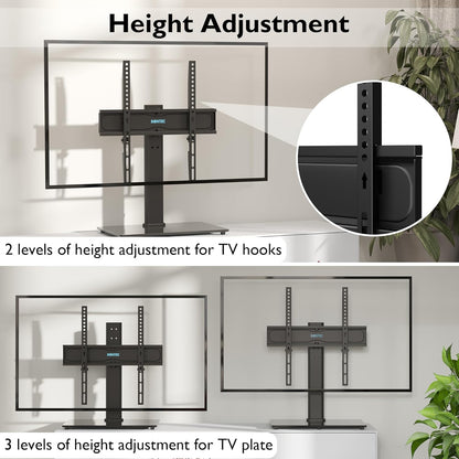 Suport TV cu stand de masa/birou, pentru televizor plat si curbat 26-55 inch, suporta greutate pana la 45 kg, VESA 400 x 400 mm, pivotare 50°, inaltime ajustabila, prinderi din otel, multifunctional