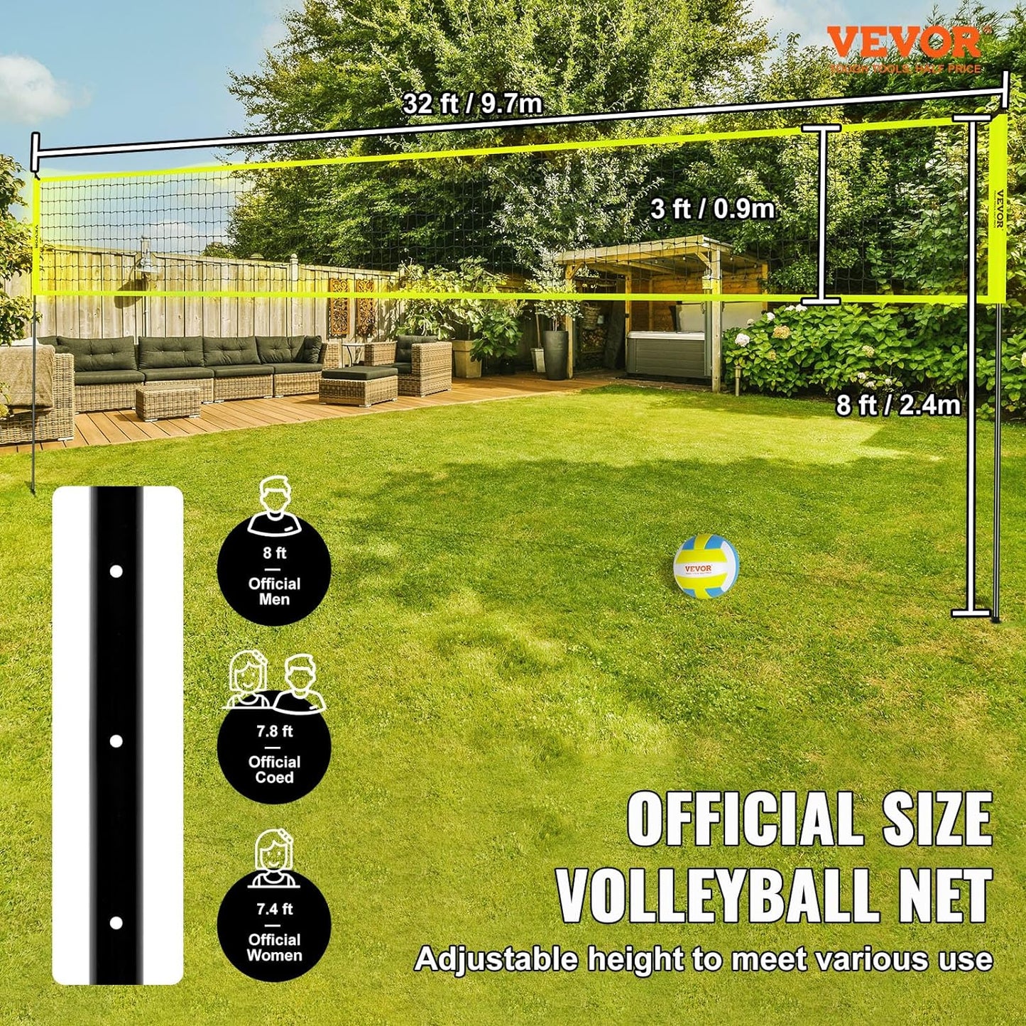 Set fileu volei, plasa pentru volleyball/badminton 9.7m x 2.4m, inaltime reglabila, material impermeabil, cu stalpi metalici, minge de volei, pompa si geanta de depozitare si transport incluse